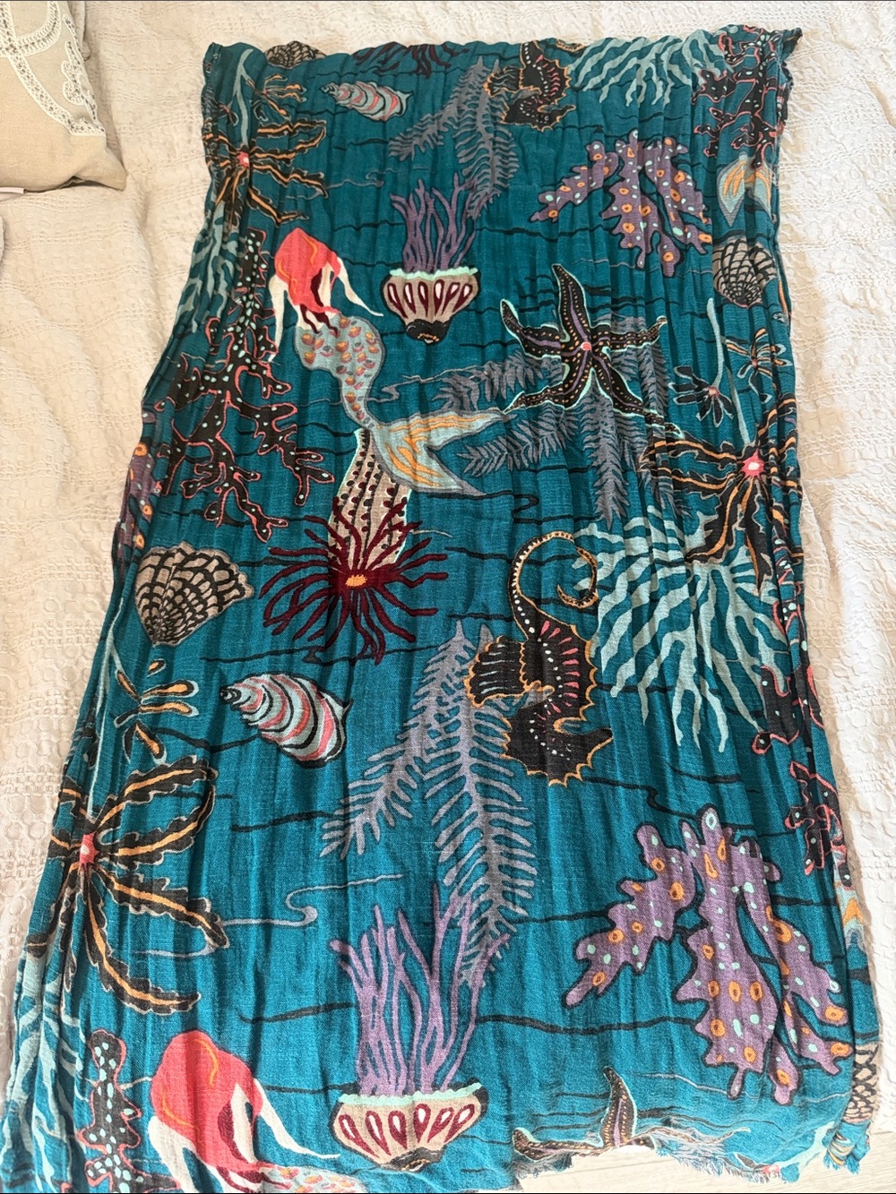 Spartina 449 Teal Ocean Scene Scarf with Multicolor Sea Motifs